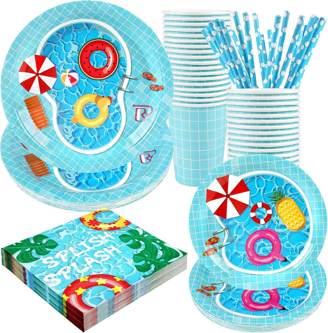 Pool Party Supplies Decorations, Disposable Summer Kids Birthday Paper Plates and Napkins Set with Cups and Straws for 24 Guests, 120 Pcs Beach Party Dessert Dinnerwares