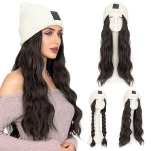 S-noilite White Beanie Wig Hat with Hair Attached for Women Knitted Beanie Wigs Winter Hats with 18" Beach Wavy Hair Extensions(26",#04 Brown)