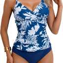 B2prity Women's Ruched Tankini Swimsuits V Neck Wrap Tie Back Two Pieces Bathing Suit Tummy Control Swimwear (Large, Navy Blue Leaf)