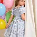 Toddler Girl Dress Short Sleeve Kids Floral Smocked Square Neck Beach Sundress | Summer Fashion Dresses 2-7Y