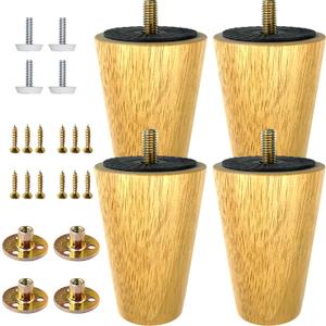 4-Pack 4-Inch Solid Hardwood Furniture Legs, Mid-Century Style with Golden Metal Caps - Natural Color, Perfect for Couches, Dressers, Chairs, and Cabinets