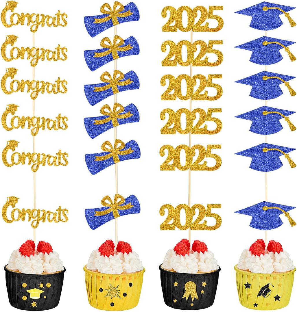 Chinco 100 Pack 2025 Graduation Cupcake Toppers Grad Cap Food Appetizer Picks Cake Graduation Party Decorations Diploma Cupcake Picks for Cake Class of 2025 Graduation Party(Blue and Gold)