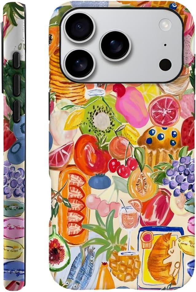 Case Compatible with iPhone 17 Pro,Fall Prevention Hybrid 2-Layer Hard Shell Phone Cover for Girls Boys,Fruit Collage