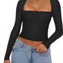 REORIA Women's Basic Sexy Square Neck Long Sleeve Y2K Going Out T Shirt Crop Top (Small, Black)