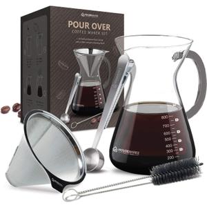 Pour Over Coffee Maker Set - 34 oz Large Borosilicate Glass Carafe, Thickened Rust Resistant Heat Resistant Double-Layer Stainless Steel Dripper/Filter with Coffee Scoop and Cleaning Brush