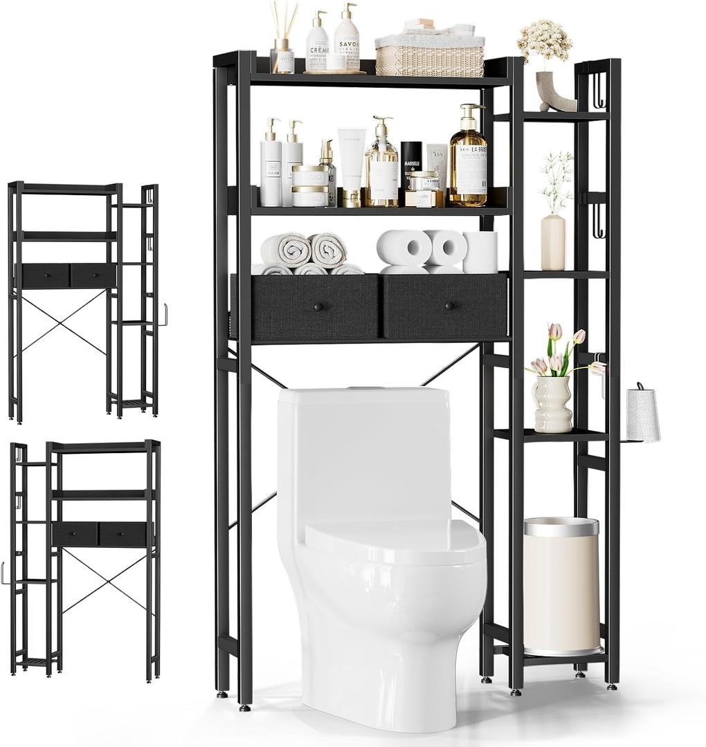 Housolution Over The Toilet Storage with 2 Drawers, 7 Tier Over Toilet Bathroom Organizer with Height Adjustable Shelves and Hooks, Space Saver Above Toilet for Bathroom/Restroom/Laundry, Black