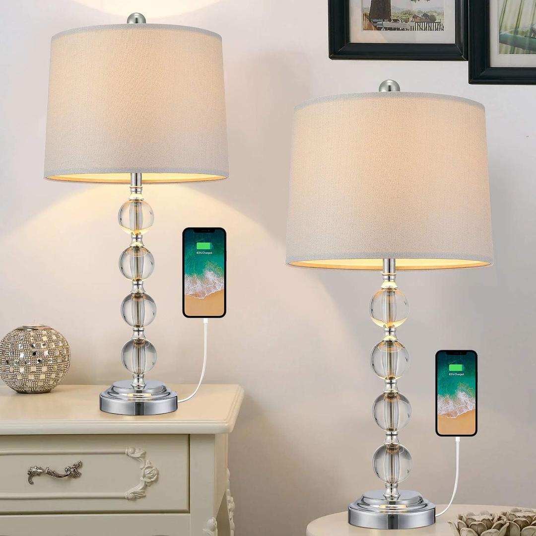 BOBOMOMO Modern Crystal USB Table Lamps Set of 2 for Living Room Nightstand Bedroom 25" Bedside Desk Lamp Silver Shade