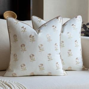 Embroidered Floral Pillow Covers 20x 20 Set of 2 Cotton Farmhouse Throw Pillow Covers with Piping Edge Decorative Cushion Covers for Sofa Couch Bedroom Living Room, Beige