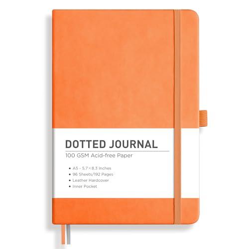 RETTACY Dotted Journal Notebook, 192 Pages, A5 Medium Size (5.7'' x 8.3''), Leather Hardcover, 100 GSM Thick Paper, for Bullet Journaling, Planning, Tracking (Orange)