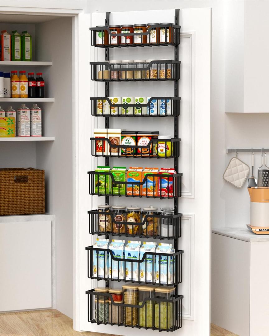 Over The Door Pantry Organizer, 8-Tier Pantry Door Organizer Shelves | 3 Sizes | Adjustable Basket | Metal Hanging Spice Rack for Kitchen, Pantry, Cabinet, Back of Door Seasoning Rack, Black