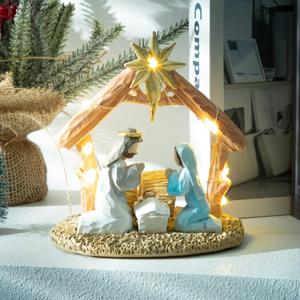 Nativity Scene with Lights, Sculpted Hand Painted Nativity Figure - First Christmas Story Decoration Holiday Manger Little People Nativity Set for Indoor Home Display, Tabletop