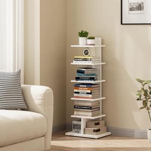 TUTOTAK Narrow Bookshelf, 6-Tier Bookcase, Spine Book Shelf for Small Space, Corner Standing Shelf for Living Room, Office, Study, Entryway, White BS06BW016