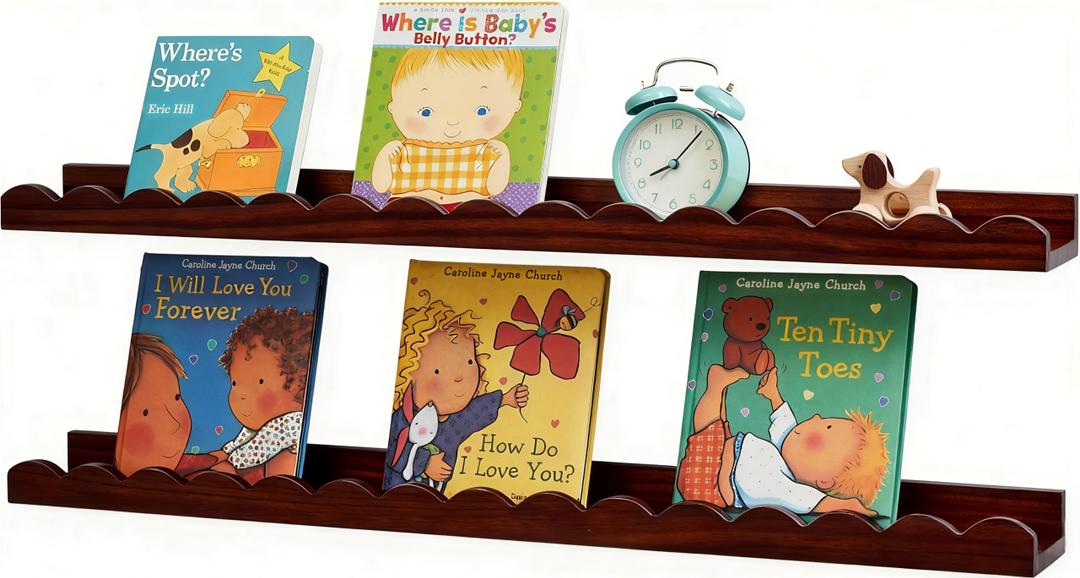 Conamily Scalloped Baby Book Floating Shelf for Wall 24inch Set of 2,Walnut
