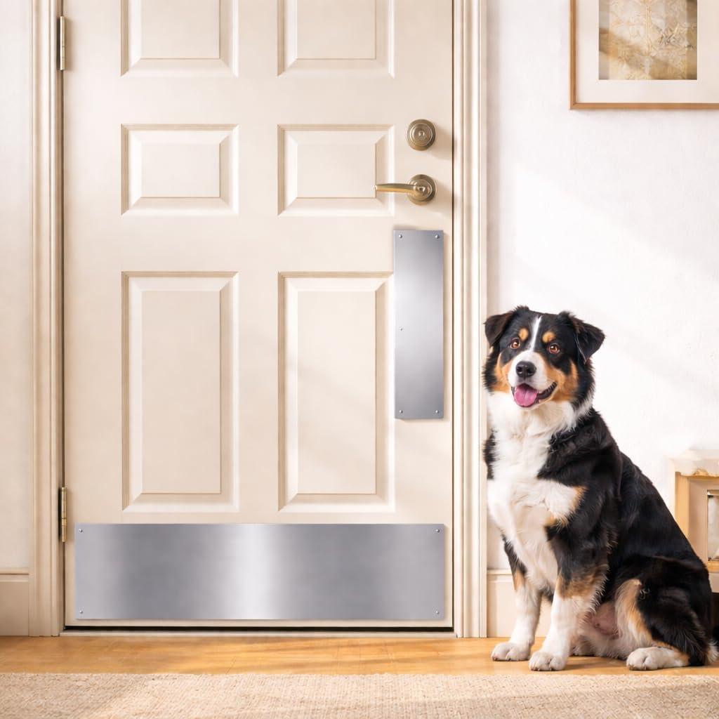 Panther Armor 8x34 Inch Door Silver Kick Plate & 4x12 Inch Door Push Plate Set, 1mm Thick Stainless Steel, Anti-Corrosive Metal Door Protectors for Dog Scratching, Durable Scratch Guards for Doors