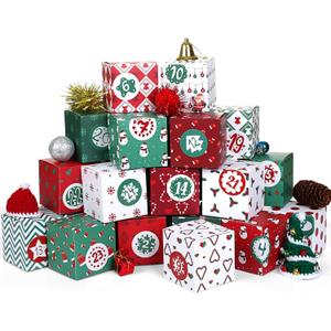 KESOTE DIY Empty Advent Calendar, 24 Cardboard Treasure Boxes with 1-24 Number Stickers Christmas Countdown Calendar for Xmas Holiday Decor (Red)