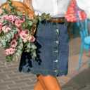 CUPSHE Womens Denim Mini Skirt Button Front A-Line Jean High Waist Scalloped Hem Casual Outfits (Blue, L)