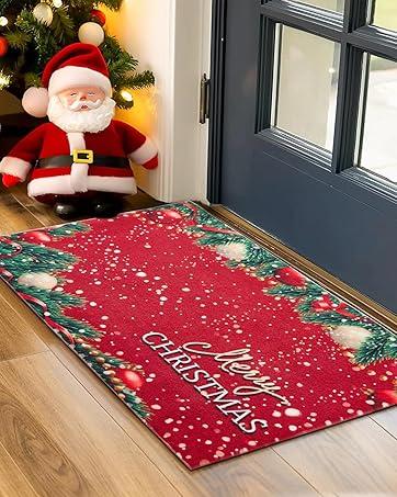 Christmas Doormat, Outdoor & Indoor Merry Christmas Door Mat Outside Holiday Door Mats for Front Door Entrances, 17"x30", Christmas Red