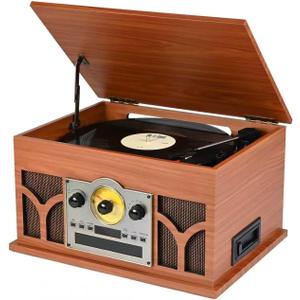 10-in-1 Vinyl Record Player with Built-in Speakers CD & Cassette Player, USB Player, AM/FM Radio, 33/45/78 Speed Turntable Wireless Playback Wooden Red