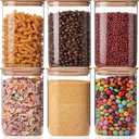 YUNCANG Glass Storage Jars 6 Pack 37oz Clear Glass Food Storage Containers with Airtight Bamboo Lid Stackable Kitchen Canisters for Candy,Cookie,Rice,Sugar,Flour,Pasta,Nuts and Spice Jars(Square)