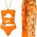 IBAKOM Three Pieces Swimsuits for Women with Matching Wrap Skirt Swim Top Tummy Control Bikini Bottom Mesh Sheer Cover Ups (Small, Orange Halter (2pcs))