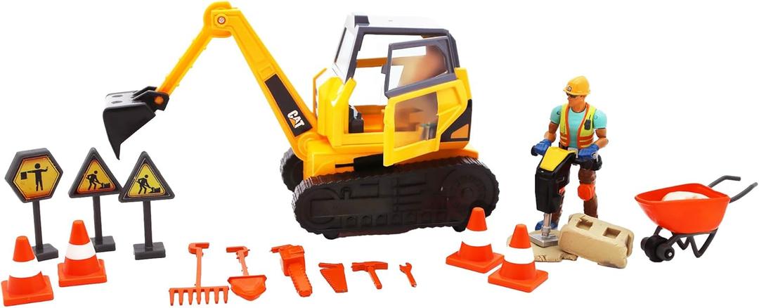Cat Workforce Excavator Action Set, 23-Piece Kids Construction Toy Playset with 4-Inch Figure, Non-Drying Dirt Compound, Molds, Signs, Tools & Accessories, Ages 3+