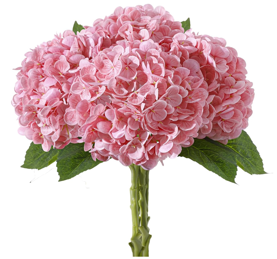 LINSIE 4 Pcs Artificial Hydrangea Silk Flowers with Stems, 19.7" Rose Pink Faux Hydrangeas Bouquet, 240 Petals, Suitable for Shady Places & Waterproof Fake Flower for Outdoor Wedding Home Decor