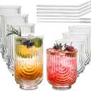 INSETLAN Water Drinking Glasses Set of 8-4 Highball Glasses 14 oz, 4 Rocks Glass Cups 12 oz, Arch Design Cocktail Glasses, Vintage Glassware, With Glass Straw, for Beverages Ice Coffee Juice Water