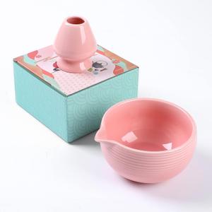 Traditional Matcha Bowl with Pouring Spout and Whisk Holder (Reshaper) - Handmade Japanese Style Matcha Chasen Ritual Kit- 22oz Big Salad Porridge Juice Bowl Chawan (Baby Pink)