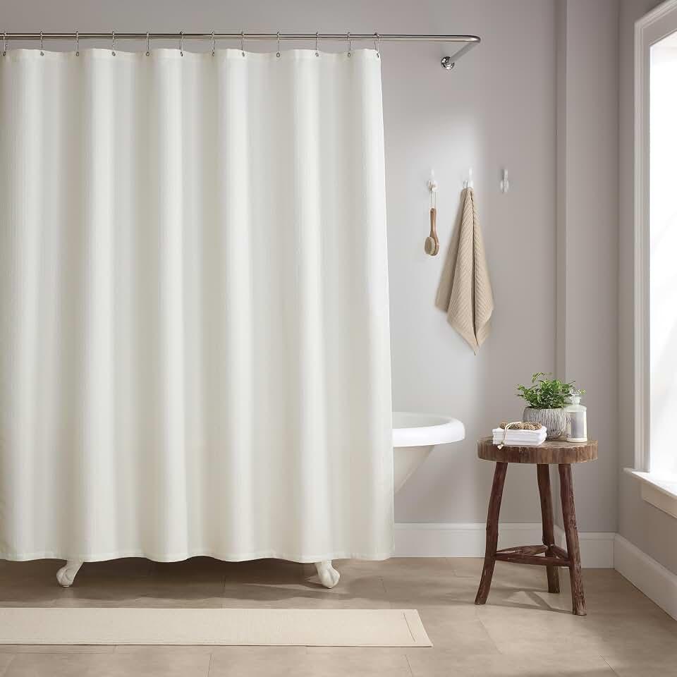 Arkwright Bathroom Shower Curtain Set - Stainless 12 Metal Hooks, Raindrop Jacquard Woven Washable Fabric with Weighted Hem & Rust-Proof Grommets, 210 GSM Heavy Duty, 72 x 72 in, White