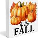 Fall Decor - Hello Fall Decorations Farmhouse Fall Pumpkin Wooden Decorative Sign Home Decor for Desk Table Shelf 5 x 5 Inches.  Fall Home Decor, Autumn Wooden Sign Decor Desk Sign Sweater Weather Wooden Block Sign Rustic Home Shelf Wall Decoration