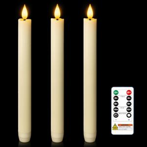 Homemory 3 Pcs Waxy Flameless Taper Candles with Remote, Flickering Battery Operated Taper Candles, Led Flameless Candlesticks Classic Tall Candle for Home, Wedding, Party, Ivory, 9.6 inches