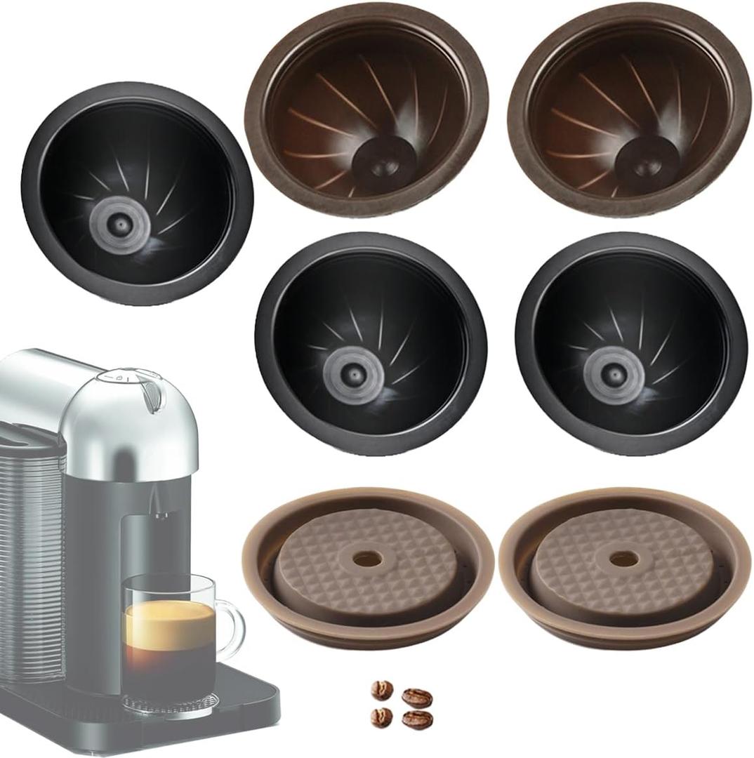5Pcs Reusable Capsules Pods Refillable Coffee Capsules VrtuoLine for Nespr*sso with 2Pcs Reusable Silicone Lids (Black(230ml)/ Brown(150ml)+ 2pc Silicone Lid)