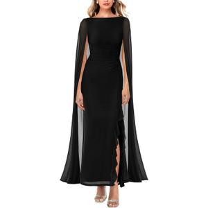MAYFASEY Women's Sexy Ruched Cape Sleeve Crewneck Cocktail Bodycon Dress Formal Wedding Guest Date Night Club Party Dresses Black XL