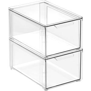 mDesign Kitchen Storage Drawer Box Plastic Storage Box with Pull-Out Drawer Pantry, Fridge and Cupboard Storage for Food and Snacks Pack of 2 Clear