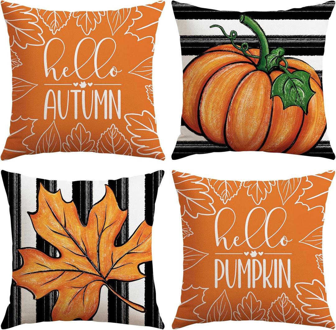 Artscope Fall Decorative Throw Pillow Covers 18x18 Inch Set of 4 Fall Gifts for Home Decor, Striped Autumn Pumpkin Maple Leaves Harvest Decoration Pillow Cases for Home Sofa Couch Decor-Orange B