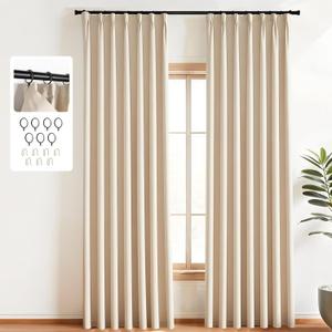 Pinch Pleated Curtains Blackout Two Pages Pinch Pleated Drapes for Bedroom Living Room，Black Liner Thermal Insulated Draperies with Hooks&Curtain Ring W40 x H84 Inch Beige