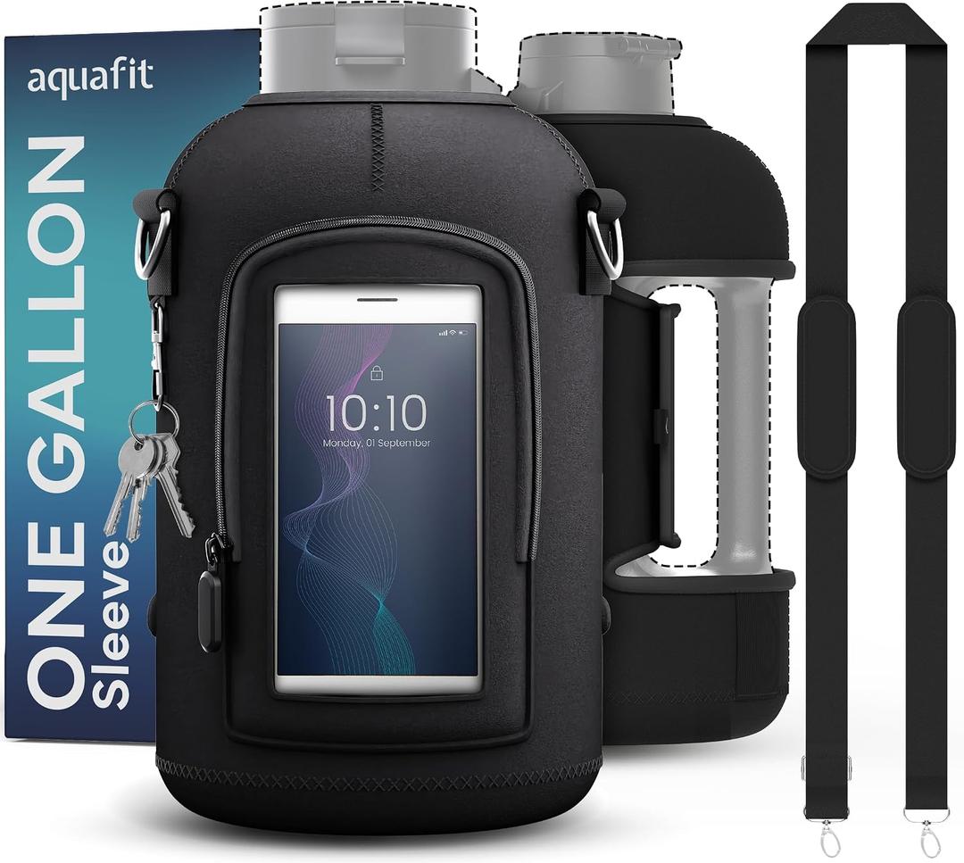 AQUAFIT 1 Gallon Jug Sleeve, Neoprene Water Bottle Bag with Adjustable Shoulder Strap and Pocket, 128 oz Sling Bag, Carrier Bag (Sleeve Only - No Bottle, Black)
