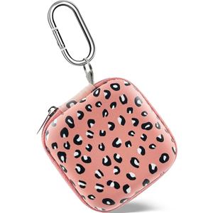 Square Earbud Case Headphone Organizer Ear Bud Case Portable EVA Carrying Box Storage Bag with Carabiner for AirPods Beats Bose Galaxy Buds 3 Data Cable Storage (Pink Leopard)