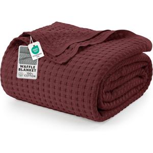 Utopia Bedding 100% Cotton Waffle Blanket Queen Size Burgundy, 90x90 Inch | Lightweight Breathable Cozy Summer Bed Blanket Home Decor Gift for Women and Men