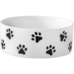6.5 Inch White Ceramic Dog Bowl with Paw Print Pattern - Porcelain Wide Mouth Dog Food or Water Bowls, Large Feeding Pet Bowls for Indoor Medium Sized Dogs, for Wet or Dry Food