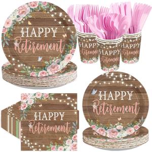 168Pcs Happy Retirement Party Decorations for Women Rustic Pink Floral Paper Plates and Napkins Log Wood Pink Flower Tableware Set for Goodbye Going Away Farewell Party Supplies Serves 24