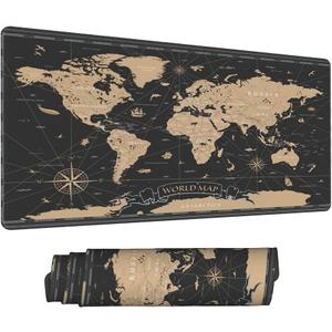 Gaming Mouse Pad for Desk, Vintage World Map Office Large Desk Mat, 31.5x11.8Inch Long Computer Keyboard Mousepad with Non-Slip Base and Stitched Edge, Gifts for Him