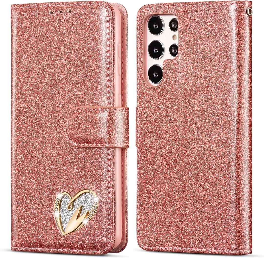 QLTYPRI for Samsung Galaxy S23 Ultra Wallet Case Bling Shiny Glitter Flip Folio Case Full-Body Protective Cover Card Slots Magnetic Closure Kickstand Wrist Strap for Women Girls S23 Ultra - Rose Gold