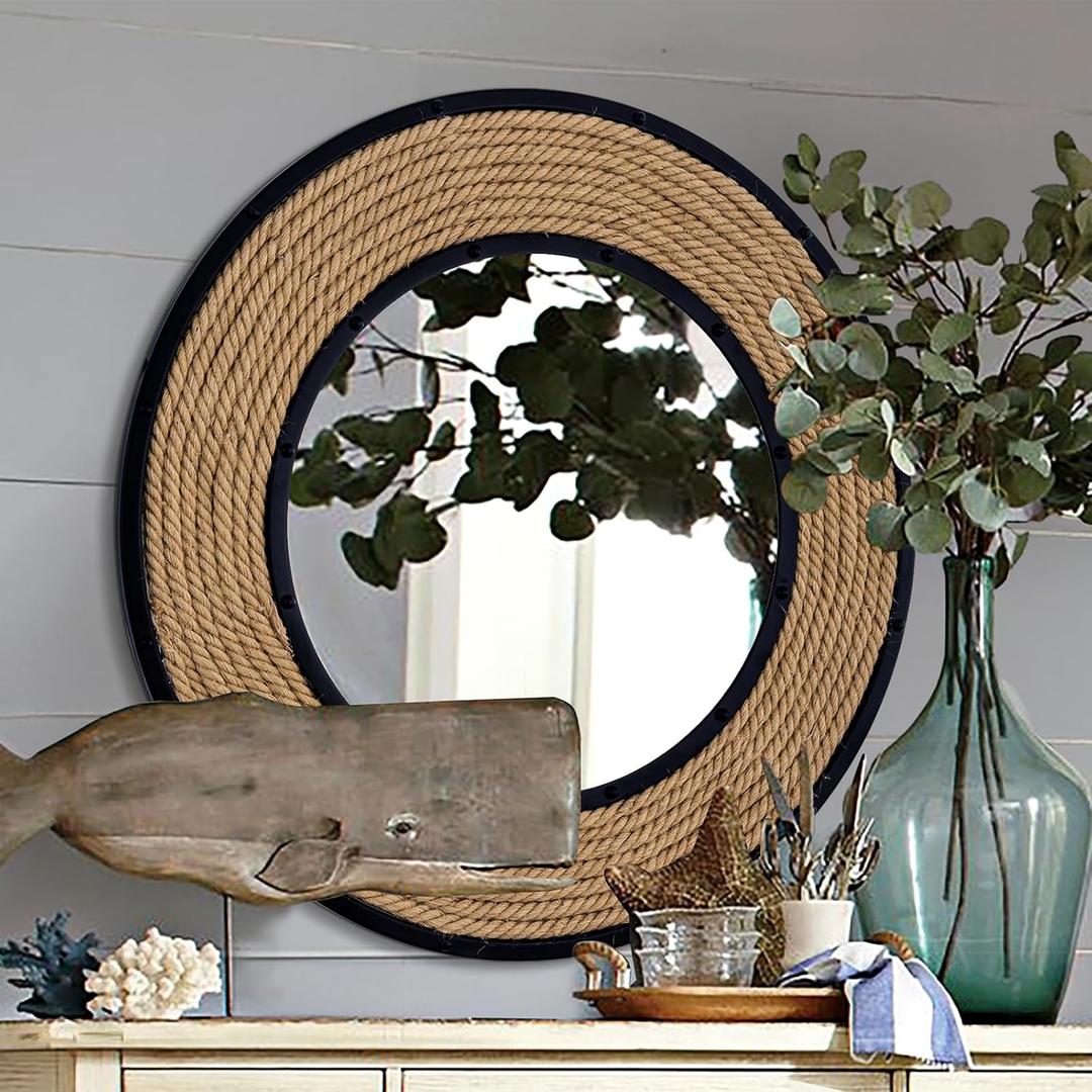 30'' Nautical Round Mirror, Black | Rattan & Metal Frame, Ship Rudder Design, Boho Coastal Wall Decor, , For Bathroom, Living Room, Dining Room, Entryway