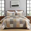 PANGUSHAN 100% Cotton Quilt Set Queen Size, Farmhouse Plaid Lightweight Comforter Rustic Bedding Set Quilted Bedspread, Gray/Brown/Beige Quilt for Queen Bed, 3 Pieces (Queen(90"x98"))