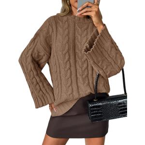 Saodimallsu Womens Oversized Sweaters Cable Knit Bell Batwing Sleeve Crew Neck Fall Winter Chunky Pullover Tops (Large, Brown)