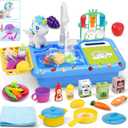deAO Play Sink with Running Water,Color Changing Children Electric Dishwasher Upgraded Real Faucet and Play Dishes,Pretend Role Play Toys for Kids (Blue)
