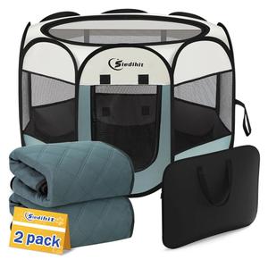 Dog Playpen with 2 Washable Pee Pad, Puppy Pet Cat Playpen Small AnimalsTent Crate Indoor/Outdoor, Portable Pop Up Kennel with Carrying Case(Grey with 2 Pads, Small)