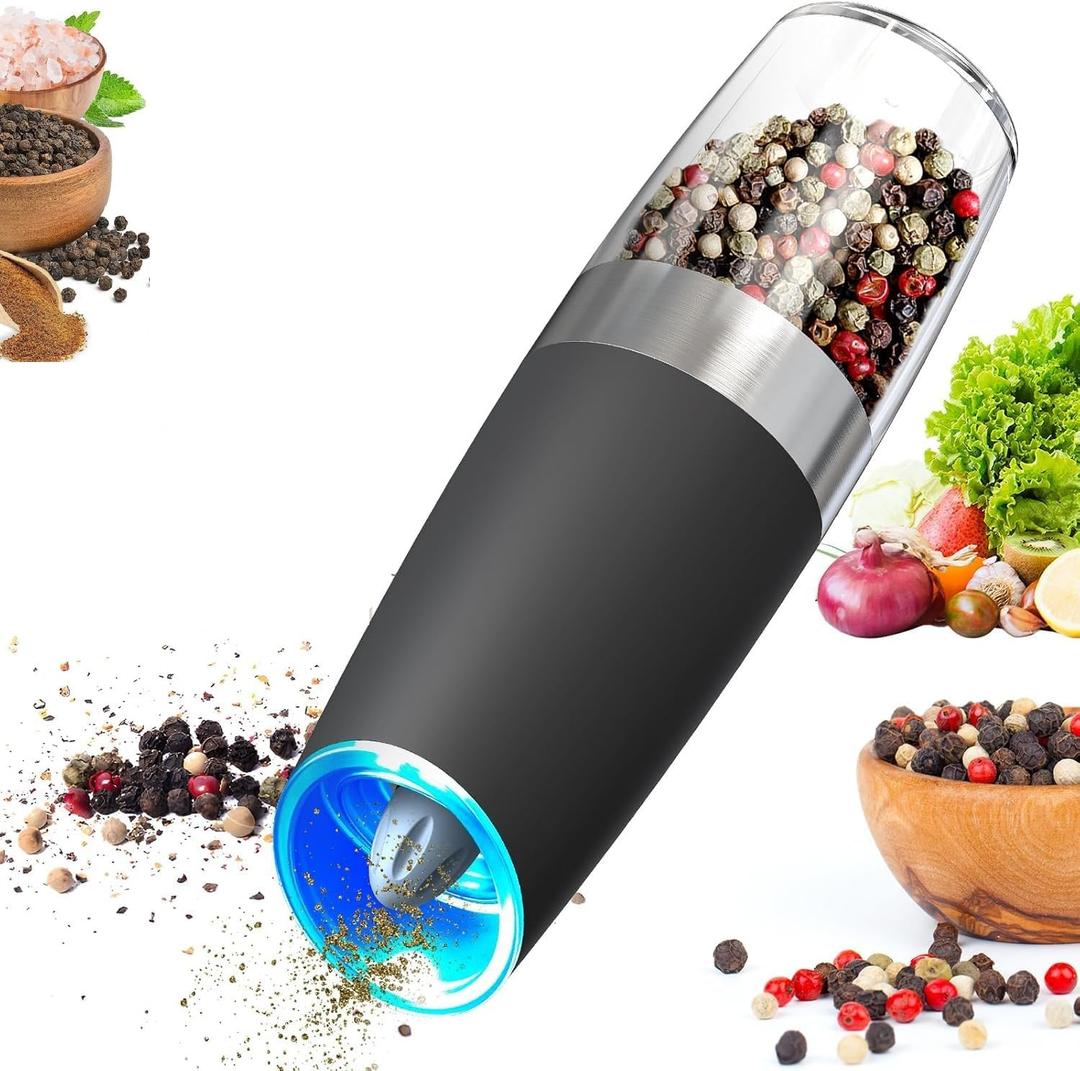 One Hand Automatic Operation, Stainless Steel Black,Gravity Electric Salt and Pepper Grinder Mill with Blue LED Light.Battery Powered Pepper Mill, Adjustable Coarseness,need 6 AAA batteries