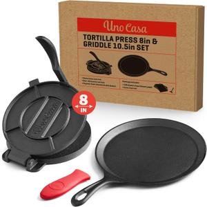 Uno Casa Cast Iron Tortilla Press 8 Inch with Cast Iron Comal Pan - Bundle of Cast Iron Tortilla Skillet for Roti, Tawa, Dosa, and Pataconera - Pre-Seasoned Heavy Duty Cookware for Authentic Cooking